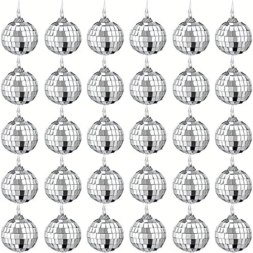 30 Pcs 1.6 Inch Mirror Disco Ball - 50's 60's 70's Disco Party Hanging Decoration DJ Light Effect Silver Stage Props for Christmas Tree Ornament Decoration Game Accessories