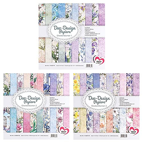 Ideen mit Herz 3 versch. Blöcke à 20 Blatt | Duo-Design-Papiere | Motivpapier | 25 x 25 cm | 250 g/m² | 60 Blatt | Beidseitig bedruckt | Ideal zum Basteln (Glockenblumen/Design 1, 2, 3)