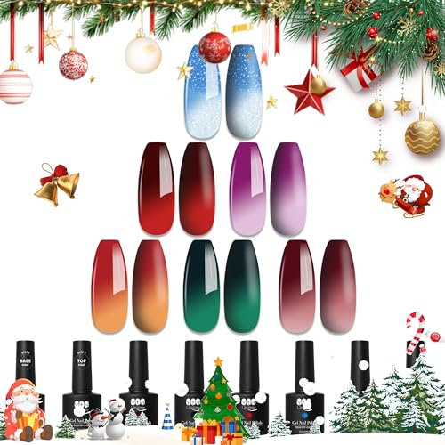 YTD Likomey Color Changing Gel Polish Set,6 Colors with Base and Top Coat Kit,Mood Temperature Change Colors Red Green Yellow Blue Ombre Thermal Manicure UV Gel Gift,8 Pcs 7.5 ml