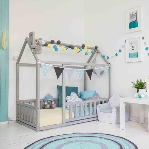 Sweet Home From Wood Hausbett Holzbett Tipi-Bett Montessori-Bett Montessori-Tipi-Bett Kinderbett Montessori Hausbett (200x90cm, Gray)