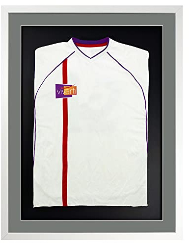 Vivarti DIY Adult 3D Mounted Sports Shirt Display Frame for Football Shirt, Rugby Shirt, Band T-Shirt Shadow Box - 60 x 80cm - White Frame, Silver Mount, Black Backing Card