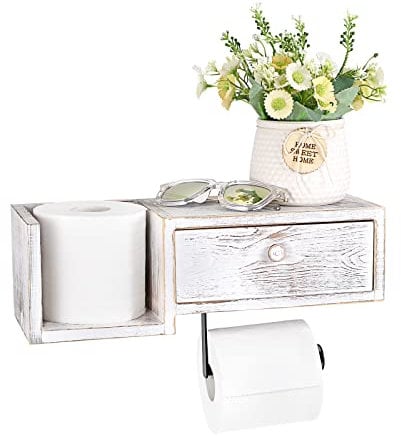 BTSKY Porte-papier toilette avec étagère, bois de pin, blanc vintage