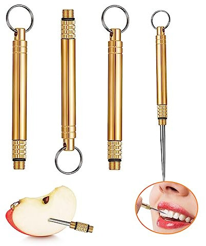 4 Piezas Palillos de Dientes de Bolsillo de Titanio, Mondadientes Metálicos Portátiles, Kit Ligero de Palillos Metal Reutilizables con Llavero para Camping, Picnic, Viajes y Actividades al Aire Libre