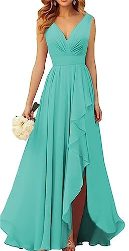 WSEYU V-Ausschnitt Chiffon Brautjungfer Kleider für Hochzeit Lange Formale Abendkleid mit Rüschen Schlitz, türkis, 52
