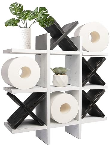 Genmous handgefertigter Tic Tac Toe Toilettenpapierhalter für schwarz-weißes Badezimmer-Dekor, lustige Wandmontage, freistehendes Toilettenpapier, Aufbewahrung für Kinder, Gäste-WC, Bauernhaus,