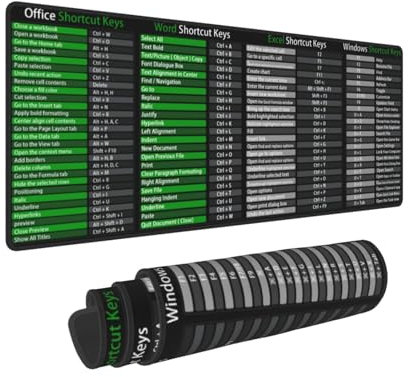 Grünes Computer-Mauspad mit Tastenkombinationen für Office, PowerPoint, Excel, Word, Gaming-Tastatur, Schreibtischunterlage, riesiges XL-Mauspad, genähte Kante, rutschfester Gummiboden (80 x 30 cm)