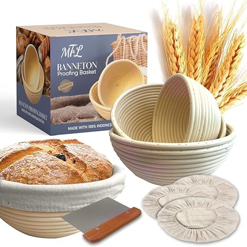 Banneton Bread Proofing Basket Set, 7 Inch, 9 Inch &10 Inch Round Rattan Sourdough Baskets Dough Proofing Bowls with Liners and Dough Scraper for Home Sourdough Bread Baking Supplies Kit