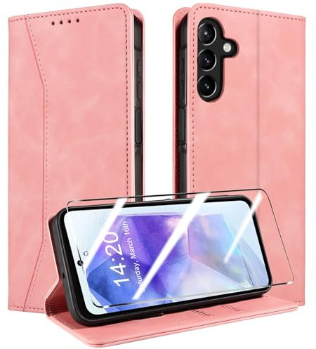 QHOHQ Cover per Samsung Galaxy A55 5G + Pellicola Prottetiva, [RFID Shieldon], Libro Custodia Portafoglio Premium Pelle PU, [Slot Scheda], Chiusura Magnetico Aletta Antiurto Case (Fantasia) - Rosa