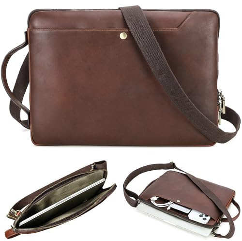 CataPurus Top Grain Leather 14.2 Slim Laptop Bag Case, Handmade, Adjustable Strap & 2 Pockets, Compatible with MacBook Pro 14 inch 2021 2022 M1 Pro/M1 Max A2442 & other PC, Red Coffee 14.2 Inch