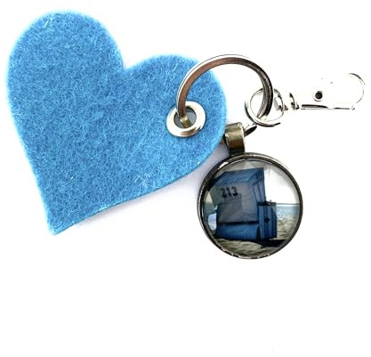 Strandkorb Sylt maritim Meer Urlaub Schlüsselanhänger mit Foto Cabochon und Filzherz Geschenk für sie handmade