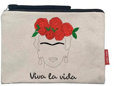 Hello-Bags. Necessaire/Pochette. Esterno: 100% cotone. Con cerniera interna e fodera. Include una bella busta regalo kraft. Modello VIVALAVIDA. Colore: Écru/Nero. Misure:23x15,5 cm.