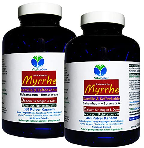 MYRRHE + KAMILLE + KAFFEEKOHLE 720 Pulver Kapseln (2x360) für den gestressten Darm nach AYURVEDA und Hildegard von Bingen - NATUR pur - OHNE ZUSATZSTOFFE [für 12 Monate] 27160-6