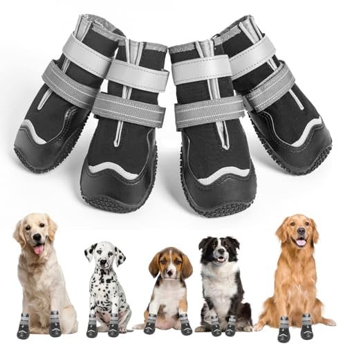 OHCOZZY Wasserdicht Hundeschuhe, Anti-Rutsch Hundestiefel mit reflektierenden Riemen, Verschleißfeste Gummisohle Hundeschuhe Pfotenschutz fürkleine, Mittlere und Große Hunde 4 Stück(M, Schwarz)