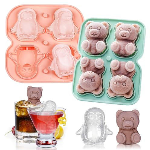 Eiswürfelform Silikon 2er-Pack 4 Fach, 3D Pinguin und Bär Eiswürfelschalen in Tierform Mit Trichterdeckel, BPA Frei Eiswürfelbehälter, Ice Cube Tray für Whisky Cocktails Bier Wein, Rosa und Grün