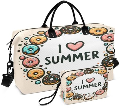 Reisetasche mit niedlichem Rahmen mit farbigen Punkten, ähnlich wie Donuts und Inschrift auf der Mitte, Reisetasche für Männer und Frauen, Turnbeutel mit Aufbewahrungstasche, Wochenendtasche,