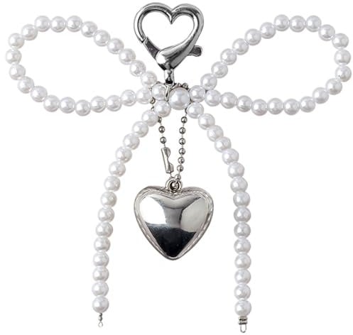 Perlen Schlüsselanhänger süß Schlüsselringe Charms Silber Herz Perle Schleife Handyanhänger Rucksack Anhänger Kawaii Bogen Taschenanhänger Handy Anhänger Keychain Phone Charm Schlüsselring Tasche Deko