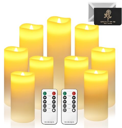 UCAMP Velas LED Sin Llama, Pack de 9 (13/14/16/18/20/22cm) - Llama Parpadeante, Cera Real, Con Mando a Distancia y Temporizador - Velas Decorativas de Pilas