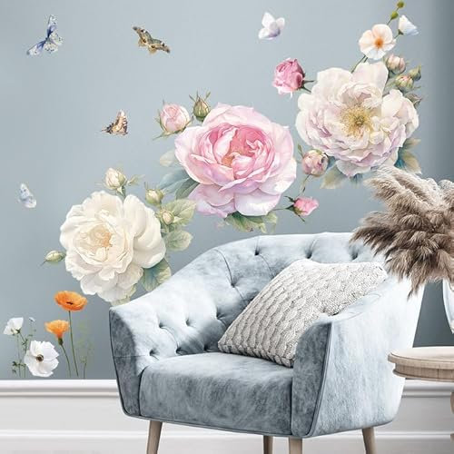 SHUCHING Blau-weiß Pfingstrose Blume Wandsticker, Buntes Blumenmuster Wandaufkleber, Wandtattoos für Wohnzimmer Schlafzimmer Wanddeko DIY