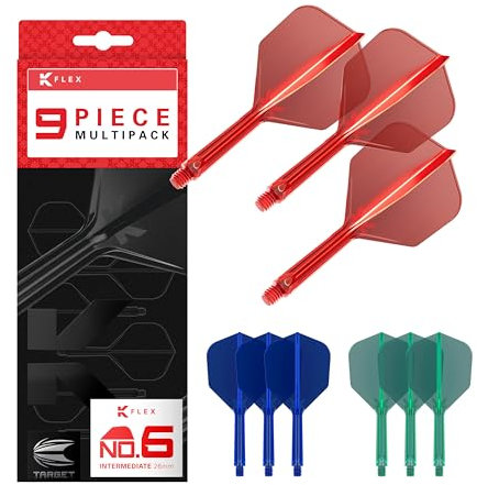 Target Darts K-Flex Integrated Dart Flights and Shafts, Stiel Intermediate Länge (26 mm), Nr. 6-Flug, 9er-Pack, Rot, Blau & Grün