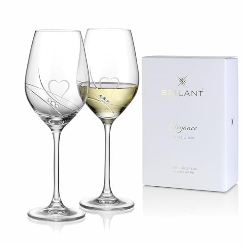 Brilant Romantic Passion Weißweingläser – Gravierte Herzen & Polierte Linien mit Swarovski-Kristallen, Handgefertigtes Weingläser Set, Modernes Trinkgläser Set mit Geschenkverpackung, 2 Stck - 360ml