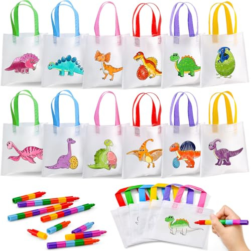 12Stk. Dinosaurier Stoffbeutel zum Bemalen, Dino Mitgebsel Kindergeburtstag | 12 Vliesbeutel Taschen zum Bemalen Stapelbare Wachsmalstifte.Dino Geschenktüten Gastgeschenk Taschen Malset Bastelset Kinder