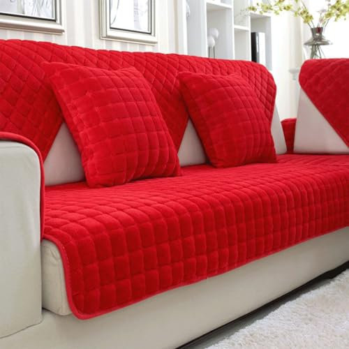 Generisch Samt Sofabezug 1 2 3 4 Sitzer, Hund Katze Sofaschoner Antirutsch Couch überzug L Form, Weiche Sofa überzug Ecksofa Sofa-Schutzhülle Mit Rutschfester Unterlage,Rot,70x150cm