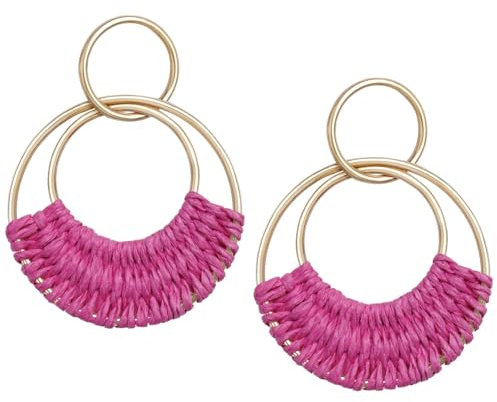 Boucles d'Oreilles Boho, Boucles d'Oreilles en Rotin, Boucles d'Oreilles Vintage, Boho Boucles d'Oreilles Pendantes, Boucle Doreille Femme pour Fêtes, Banquets, Voyages, Mariages (Rose)