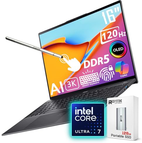 acer Swift 16 AI Laptop, 16 120Hz 3K OLED Touchscreen, Core Ultra 7 256V(4.80 GHz, >i9-12900K), Copilot PC, Backlit Keyboard, Fingerprint, Wi-Fi 7, Windows 11 Home, Black(16GB DDR5 RAM | 2TB SSD)