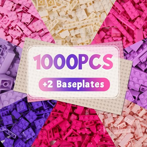 HIUME Klemmbausteine Set Mit 1000 Steinen Und 2 Grundplatten – Bausteine Kompatibel, 8 Farben, 19 Formen, Konstruktionsspielzeug Für Kinder Ab 6 Jahren, Building Blocks Spielzeug. (Mädchen Farbe)