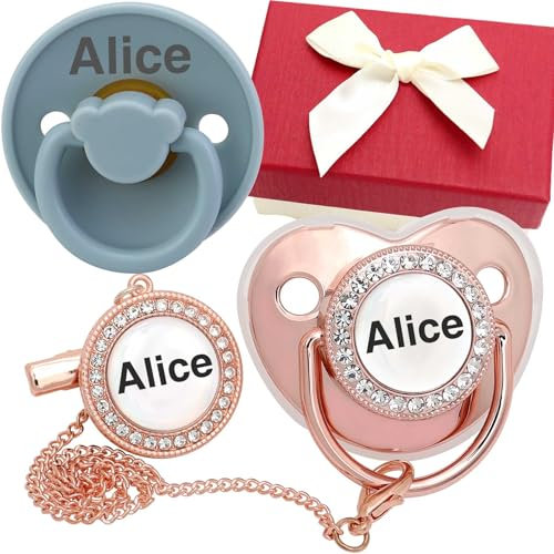 Custom Schnuller mit Babyname, personalisierter Baby Schnuller aus nachhaltigem & bio-erneuerbarem Material, hautweicher Sauger aus Silikon (Roségoldgrau)