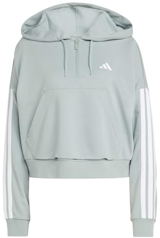 adidas Women's Essentials 3-Stripes French Terry Quarter-Zip Hoodie, Wonder Sage/White, M