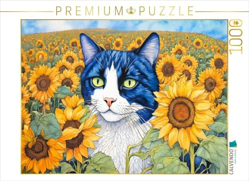 CALVENDO Puzzle Katze im Sonnenblumenfeld | 1000 Teile Lege-Größe 64 x 48 cm Foto-Puzzle für glückliche Stunden