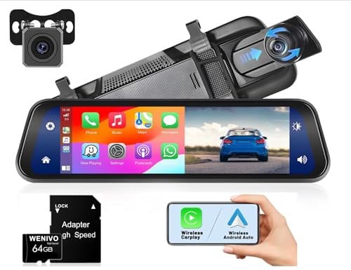 10 Touch Screen 4K Front Rear Mirror Dash Cam Car Van Security Reversing Camera Video Recorder Bluetooth Wireless IOS CarPlay Android Auto Voice DVR Motion Detection (10 inch (CarPlay))