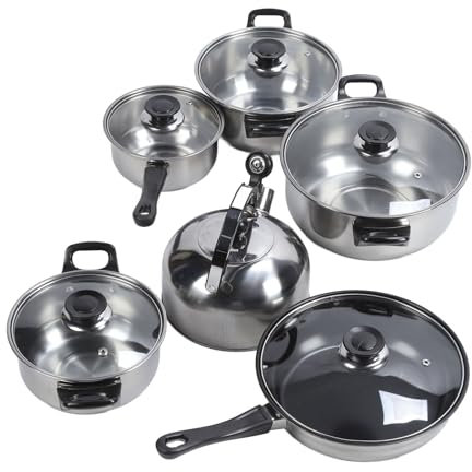 6 PCS Kitchen Cookware Set, Stainless Steel Pots Pans Set Kitchen Utensils with Black Handle Includes Saucepan Stock Pot Non Stick Frying Pan Tea Kettle