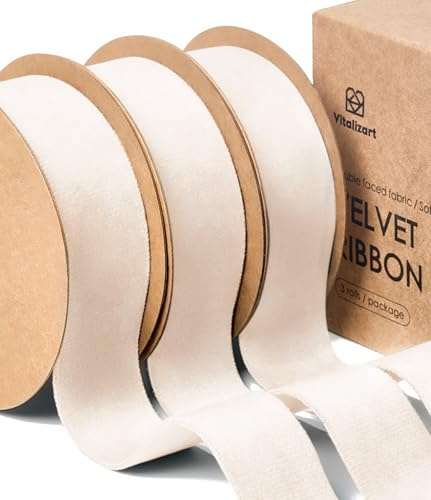 Vitalizart Doppelseitiges Weißes Samtband Set 2,5 cm x 13,7 m | Stoffband 3 Rollen x 4,57 m für Geschenkverpackungen, Weihnachtsschmuck, Kranzdekoration, Bögen Machen, Kunsthandwerk