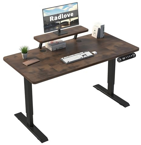 Radlove Elektrisch höhenverstellbarer Schreibtisch mit Monitorständer, LED-Anzeige, 140x76 cm Stehpult, Verstellbarer Schreibtisch für Homeoffice & Büro, Braun