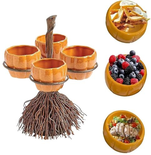 Generisch Halloween Kürbis Snack Schalen,Halloween Snack Schalen Mit Broom-förmiger Ständer,Süßigkeiten Halter Schüssel,Aufbewahrung Für Halloweens Weihnachts Teeparty Dekorationen (4 Schüssel)