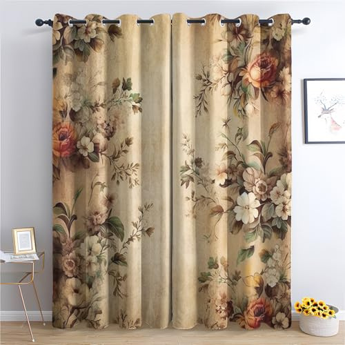 QEODAH Vintage Blumenmuster Vorhänge Rustikale Blumen Botanisch Verdunklungsvorhänge, Vorhang Blickdicht Gardinen mit Ösen, Schlafzimmer Wohnzimmer Deko, Thermovorhang 2er Set H 137 x B 117 cm