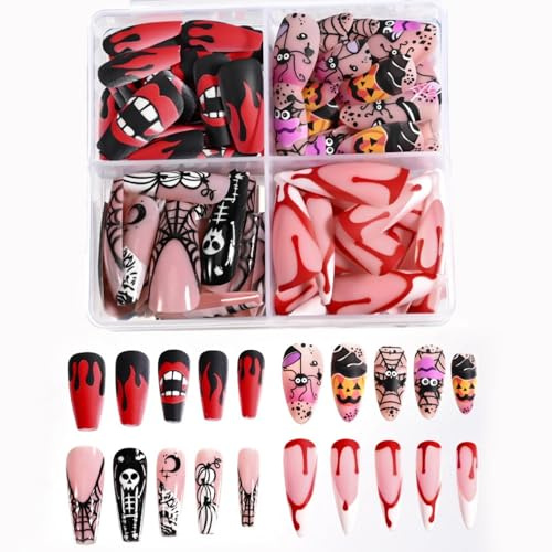 96PCS Halloween Fake Nails, Ghost & Spider Web-Themed Wear Armor, Full Cover Press on Nails Cute Pattern Kits, Women DIY Nail Art, got/hic False Nails for Halloween, Stick on Nails