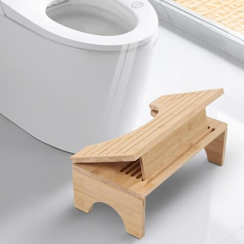 CAIEJSAEN Klappbarer Toilettenhocker aus Bambus, Ergonomischer Badezimmer Tritthocker, Natürlicher Stuhl für Erwachsene, Unterstützt Bequeme Ausscheidung