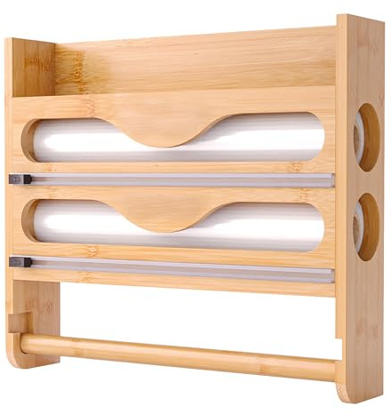 Relaxdays Wandrollenhalter 3 in 1, für Küchenrolle, Alufolie, Frischhaltefolie, Bambus, HxBxT: 27 x 35 x 7 cm, Natur
