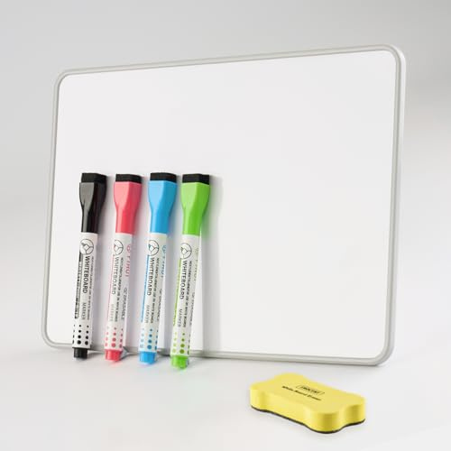Small Whiteboard with Pens and Erasers | Dry Wipe A4 Whiteboard With Grey Edging, Smooth Double-Sided Writing Surface, Suitable Kids Notice Home Office School