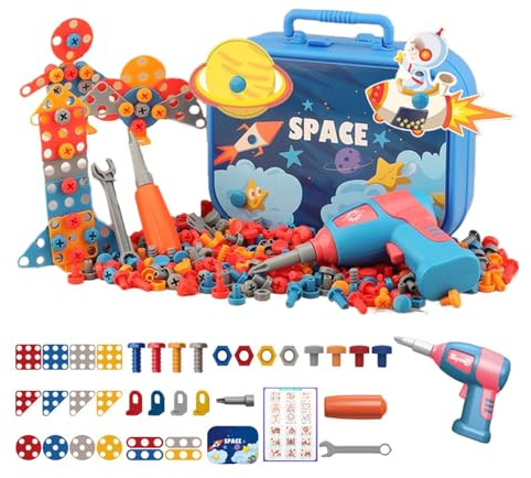 AMSLSIU Kreative Kinder Werkzeugset Box, 351 teilig, Rollenspiel Werkzeug für Alter 2, 3, 4, 5 Jahre alt, Spiel Werkzeugkasten mit elektrischer Bohrmaschine, Kinder Werkzeugkasten , B