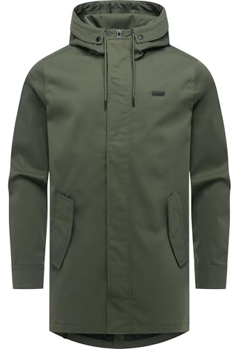Ragwear Herren lange wasserdichte und atmungsaktive Übergangsjacke Mantel mit Taillenzugband, Gehschlitz und verstellbarer Kapuze Mr Smithem Twill YOUMODO S-6XL