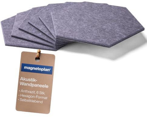 magnetoplan Akustik-Wandpaneele, 6 Stk., Hexagon Anthrazit | Schallschutz | Selbstklebender Schallschutz + Wanddeko für Wohn- & Schlafzimmer, Büro, Heimkino + Gaming Room | Einfache Montage