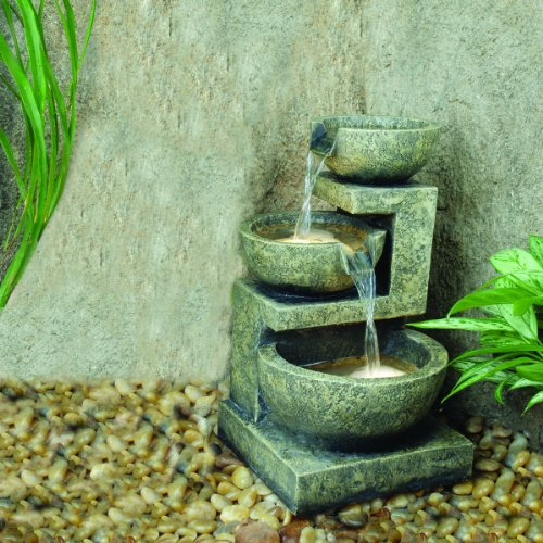 Direct Global Trading Kyoto Three Bowl Cascade Lit Water Feature (Solar Powered) with Battery Back Up