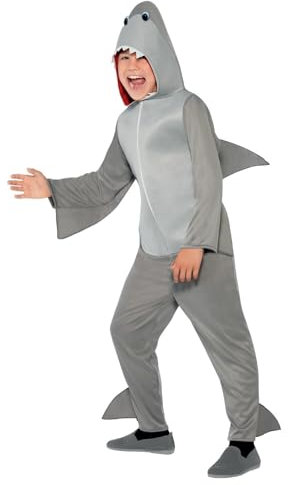 Smiffys Haifisch Kostüm, Grau, All-in-One mit Kapuze und Flossen