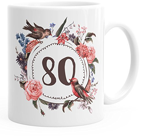 MoonWorks Geburtstags-Tasse 80 achtzig Geschenk-Tasse Kaffee-Tasse Blumen Blüten Blumenkranz weiß Unisize