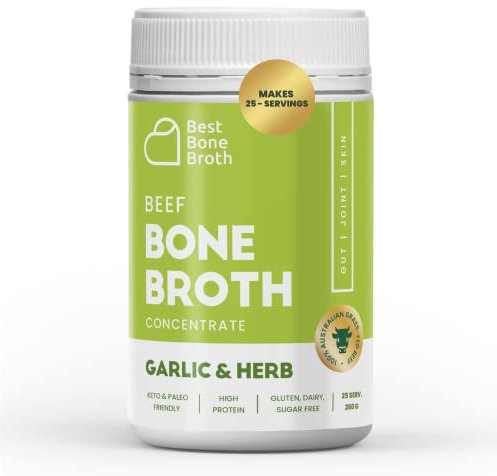 Best Bone Broth Premium Beef Bone Broth Concentrate Garlic Herb Flavour | Supports Joints, Skin & Gut | No Hormones or Additives | Delicious Natural Flavour | Sourced from AU & NZ Beef - 25 Serving