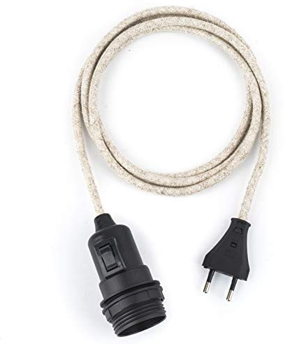 5m Plug-In Lampe LEINEN, Textilkabel mit Lampenfassung aus Thermoplast (TEILGEWINDEMANTEL) mit Schalter und Eurostecker